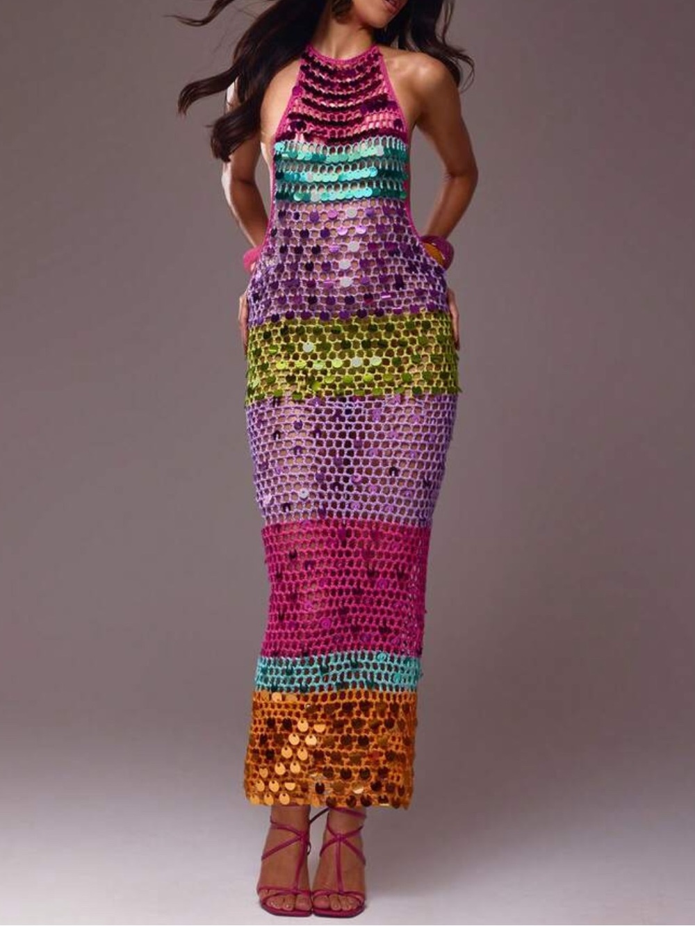 Multicolour Open Knit Crochet Sequin Halterneck Dress